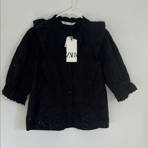 Zara The Katy Blouse Black Eyelet Ruffle Top